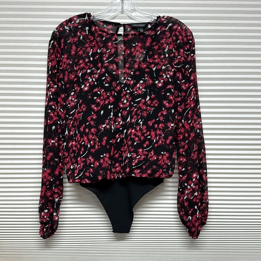 Banana Republic NWT Black Red Floral Balloon Sheer Sleeve Thong Bodysuit - Picture 2 of 12